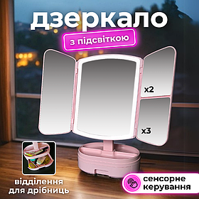 Дзеркало з підсвіткою, дзеркало для макіяжу, дзеркало настільне косметичне рожевий HechPro (17003)