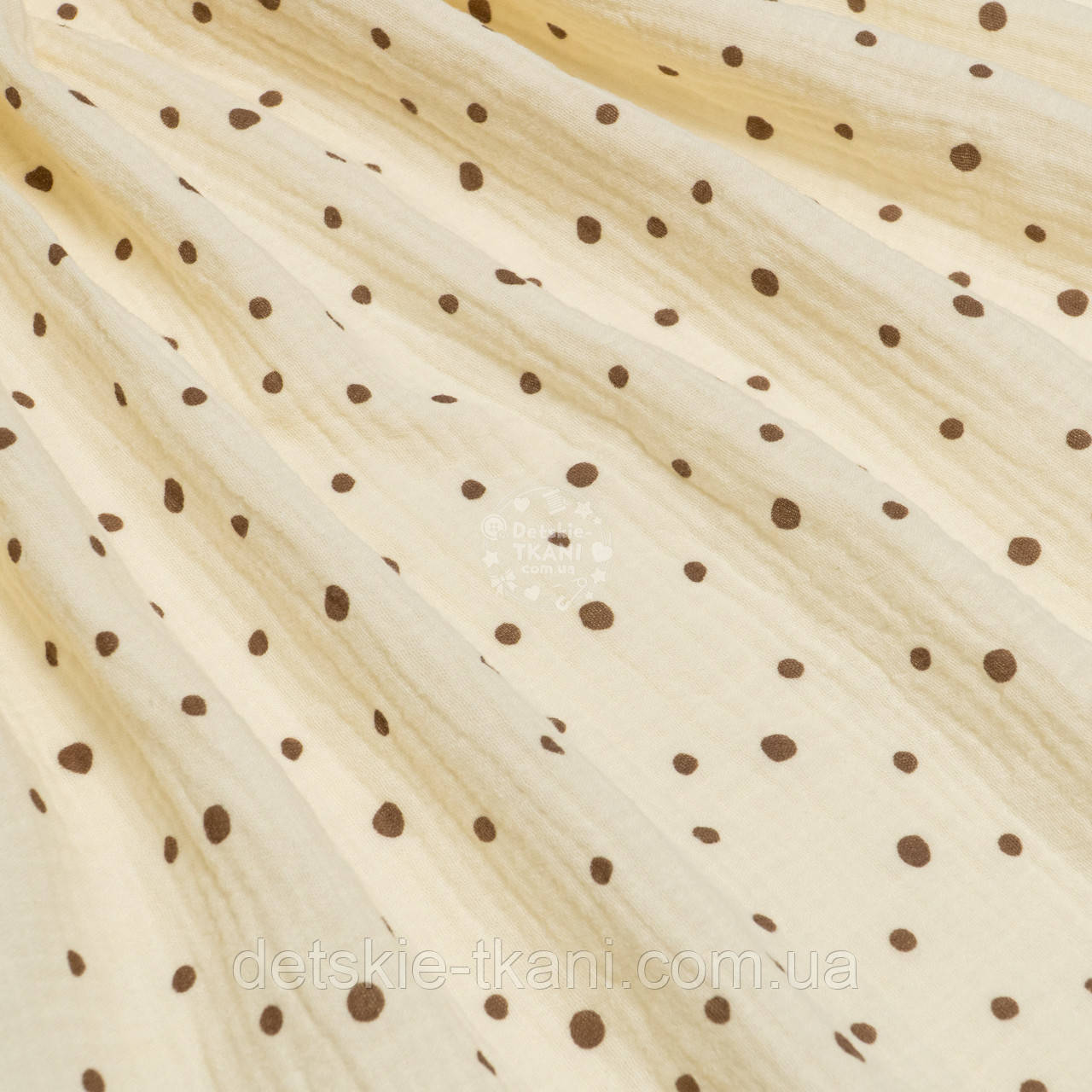 Двошаровий жатий муслін "Коричневі цяточки на ванільному фоні", ширина 135 см, фото 1