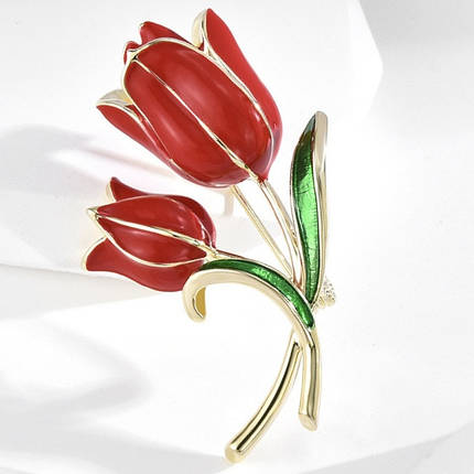 Брошка на золотистій основі червоні тюльпани покрита кольоровою емаллю розмір виробу 45х25 мм, фото 1