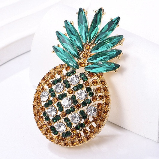 Брошка на золотистій основі ананас із різнобарвними кристалами, що переливаються, розмір виробу 60х35 мм