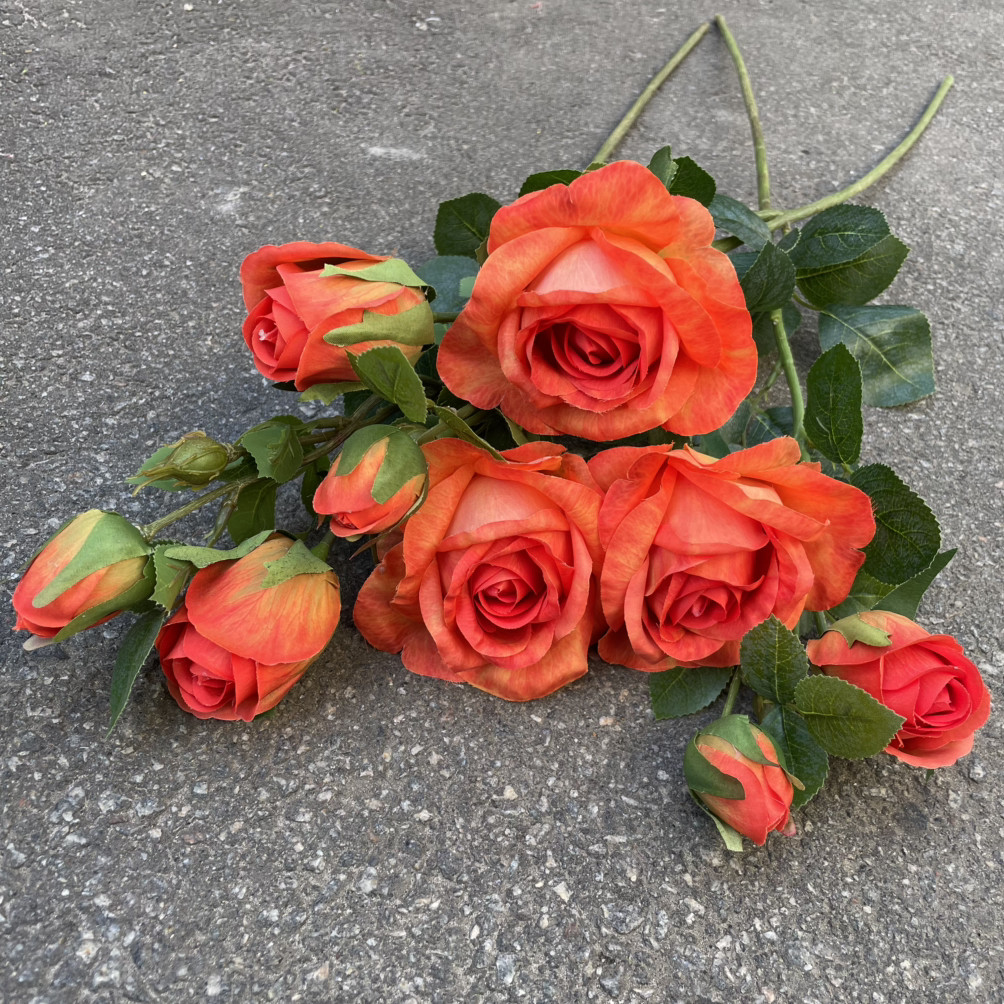 Штучні квіти гілка троянда-трійка 67 см силікон листя поморанчеві, фото 1