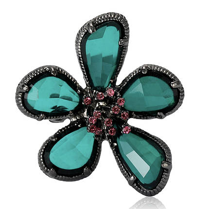Брошка на сріблястій основі квіточок із зеленими кристалами та рожевими стразами розмір виробу 40х35 мм, фото 1