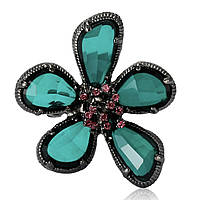 Брошка на сріблястій основі квіточок із зеленими кристалами та рожевими стразами розмір виробу 40х35 мм