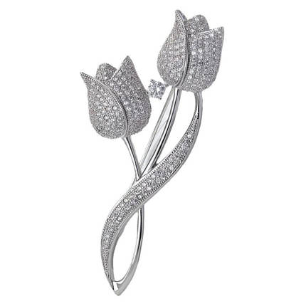 Брошка на сріблястій основі тюльпани усипані білими кришталевими камінчиками розмір виробу 55Х30 мм, фото 2