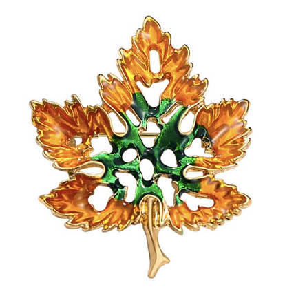 Брошка на золотистій основі листок жовтогарячо-зелений осінь покрита кольоровою емаллю розмір виробу 35х40 мм, фото 2