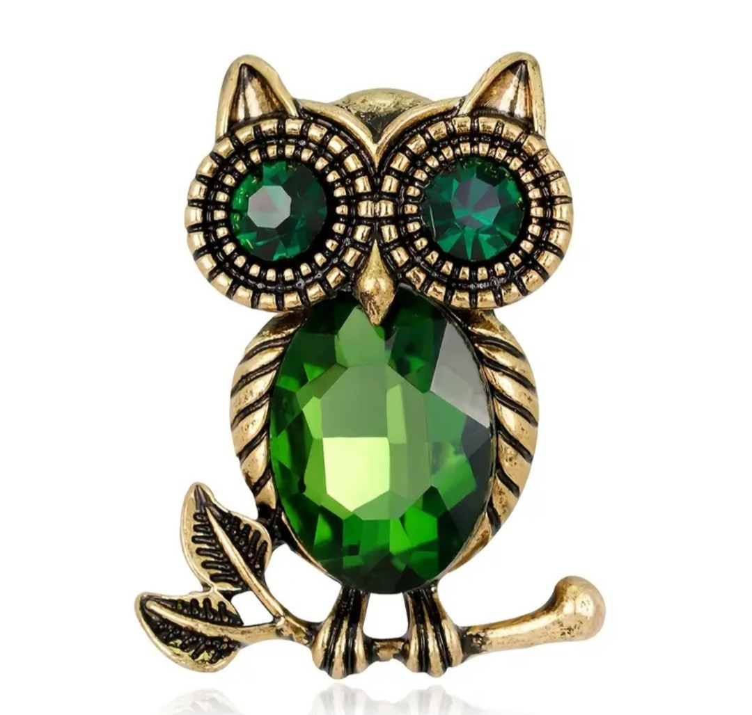 Брошка Сова зелений камінь Розмір 33 мм × 25 мм Брошки пташки