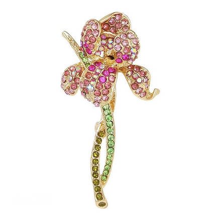 Брошка на золотистій основі квіточок із рожевими та зеленими кришталевими камінчиками розмір виробу 65х35 мм, фото 2