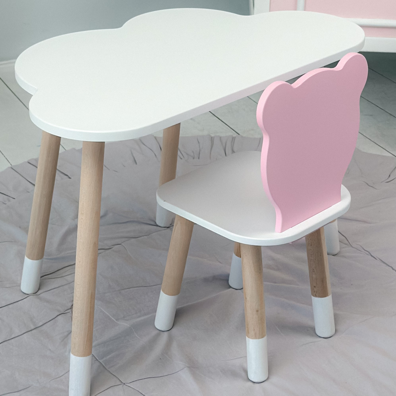 Комплект в дитячу столик хмаринка і стільчик ведмедик, стіл 46х70х40 та стілець 26.5х26х25 для ігор та навчання, білий з рожевим, фото 1