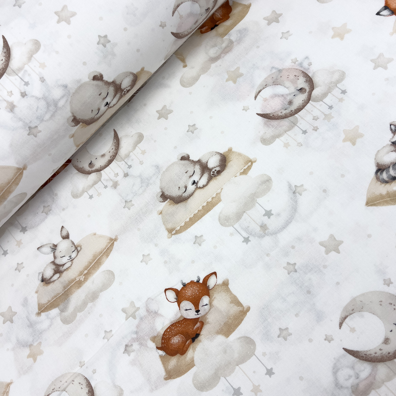 Польська бязь "Сплячі звірята на подушках на білому" 160 см, фото 1