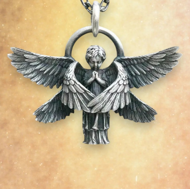 Сріблястий кулон-оберіг на ланцюжку Крилатий ангел у ретро стилі з безліччю крил для чоловіків 3.5 см, фото 1