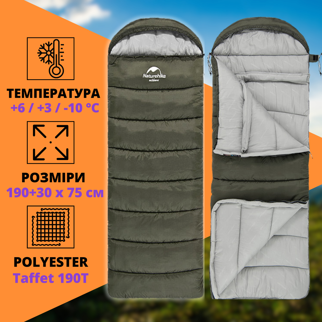 Спальний Мішок Бавовна +6 / +3 / -10 °C Туристичний Спальник-Ковдра з Капюшоном Naturehike U250 Лівий Зелений