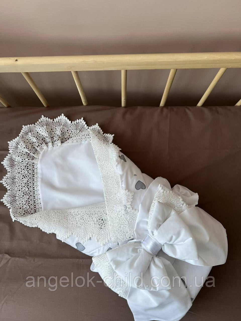 Гарний конверт на виписку, конверт-ковдра з пелюшкою на виписку, пелюшка з мереживом для малюка Angelok-child, фото 1