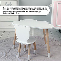Столик хмаринка дерев'яний 46х70х40 та стільчик ведмедик 26.5х26х25, стіл та стілець для дітей, білий, фото 8