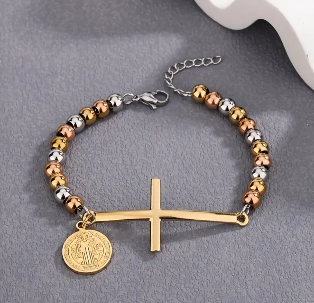 Браслет оберіг з підвіскою хрест і ладанка нержавіюча сталь Stainless Steel код 6690