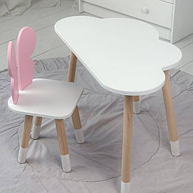 Дитячий столик хмаринка 46х70х40 та стільчик метелик 26.5х26х25, стіл та стілець для дитячої кімнати, білий з рожевим