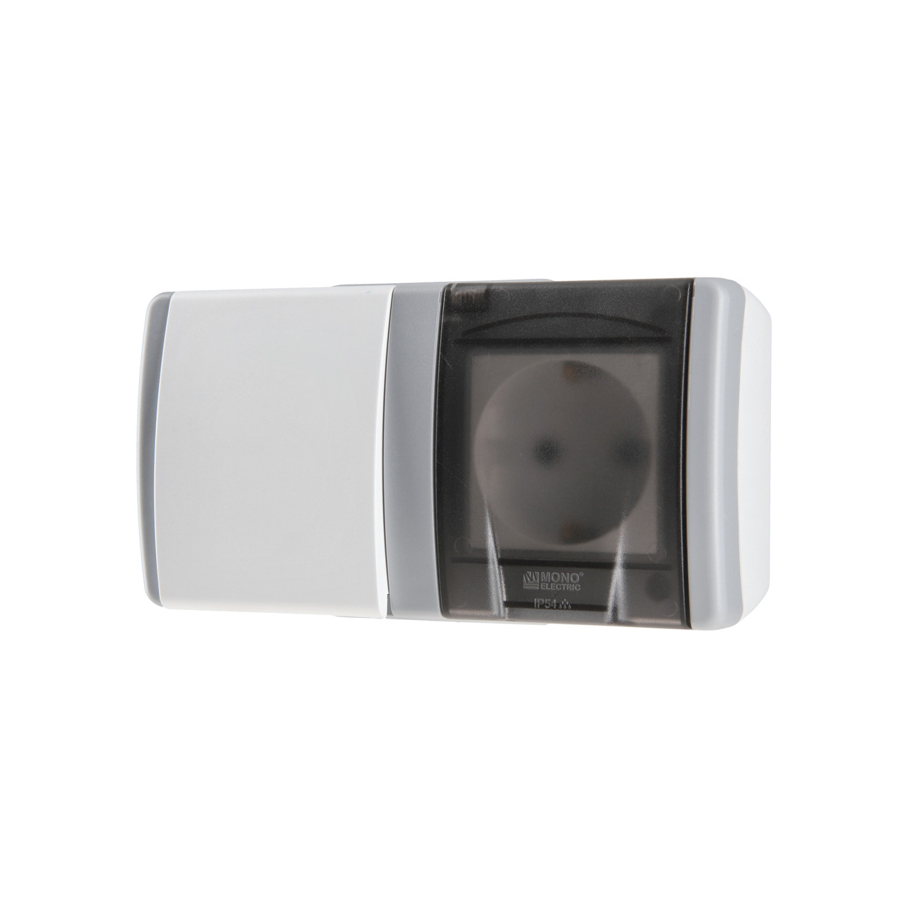 Вимикач одноклавішний + розетка 1-а із заземленням, Mono electric, OCTANS IP54, фото 1