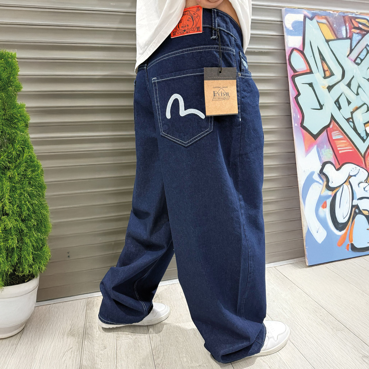 natume　EVISU Широкие Мужские Джинсы EVISU Синие, Свободного Кроя с