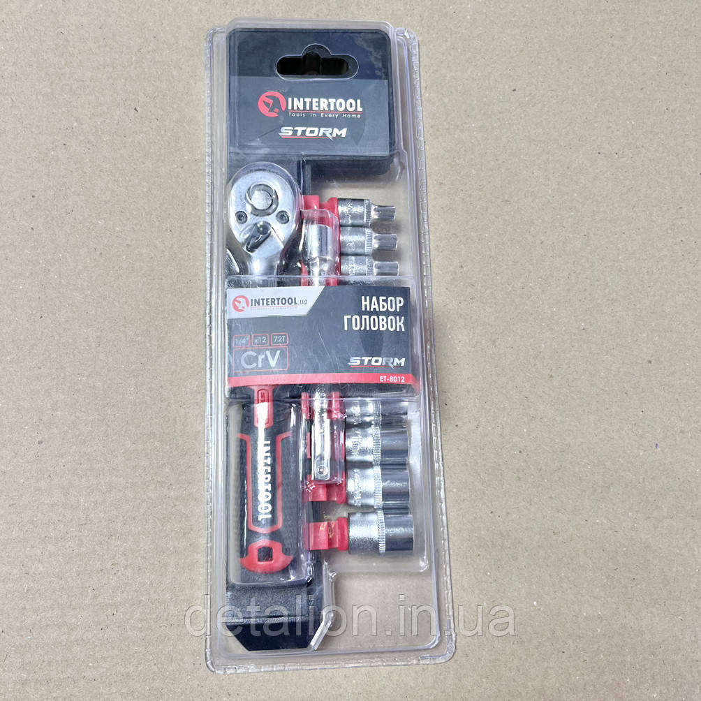 Набір головок 1/4" 4-13 мм, подовжувач, ручка з храповим механізмом 72 зуби, 12 од., Cr-V STORM INTERTOOL, фото 1