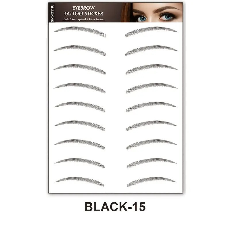 Реалістичні наклейки для татуювання брів чорні 9 пар для татуажу вдома Чорний-15, фото 1