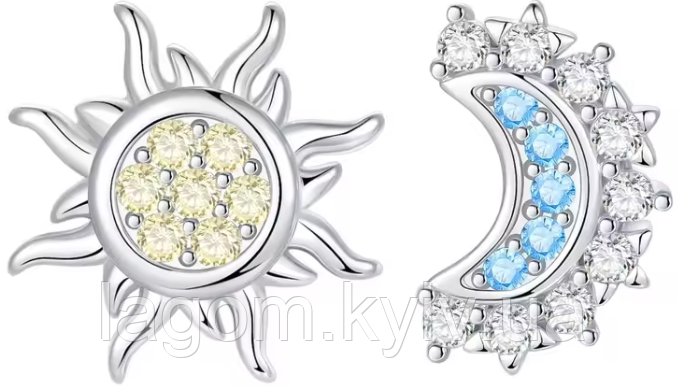Срібні сережки-гвоздики в стилі PANDORA Sun&Moon 925 проба кульчики-пусети "Сонце та Місяць" ПАНДОРА