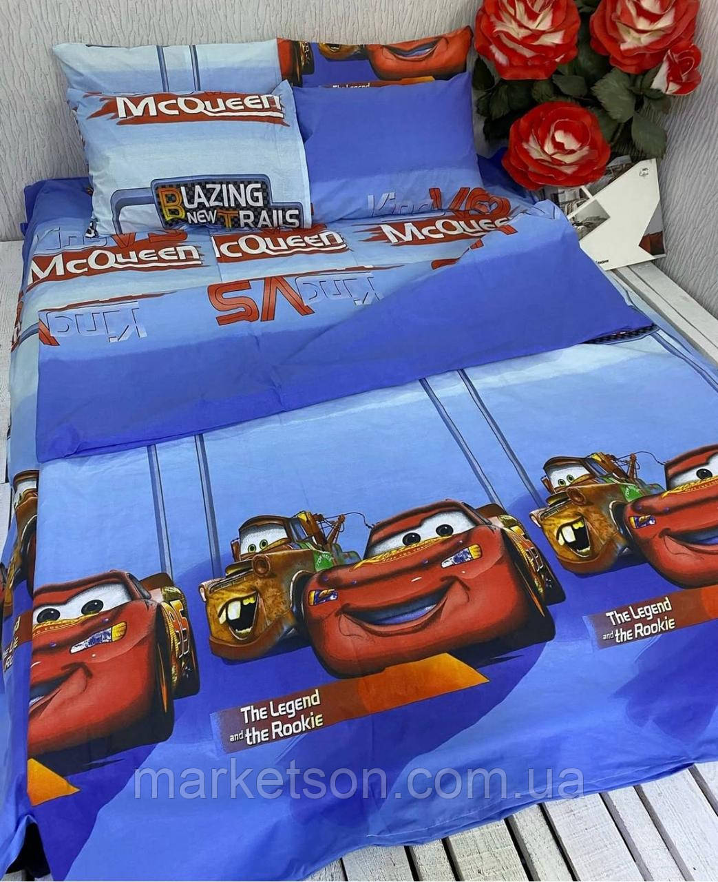 Дитяча полуторна постільна білизна бавовна Тачки Маквін