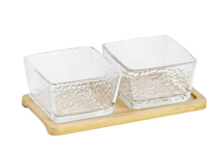 Набір скляних салатників-соусників Helios Modern на бамбуковій підставці 250 мл 2 шт (5220), фото 1