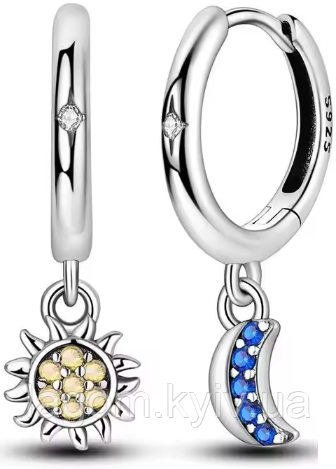 Срібні сережки-хупи в стилі PANDORA Sun&Moon Сонце і Місяць 925 проба кульчики-кільця ПАНДОРА