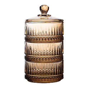 Трирівнева скляна цукерниця з кришкою Ø 10 см ребриста коричнева