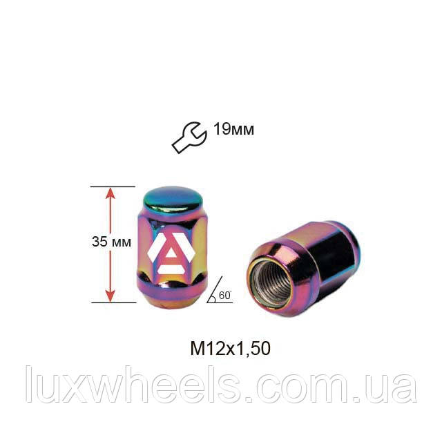Гайка колісна A801445 SC M12х1,5х35мм Конус (Mazda, Kia, Hyundai, Daihatsu) Закрита Райдужний Хром Кл19