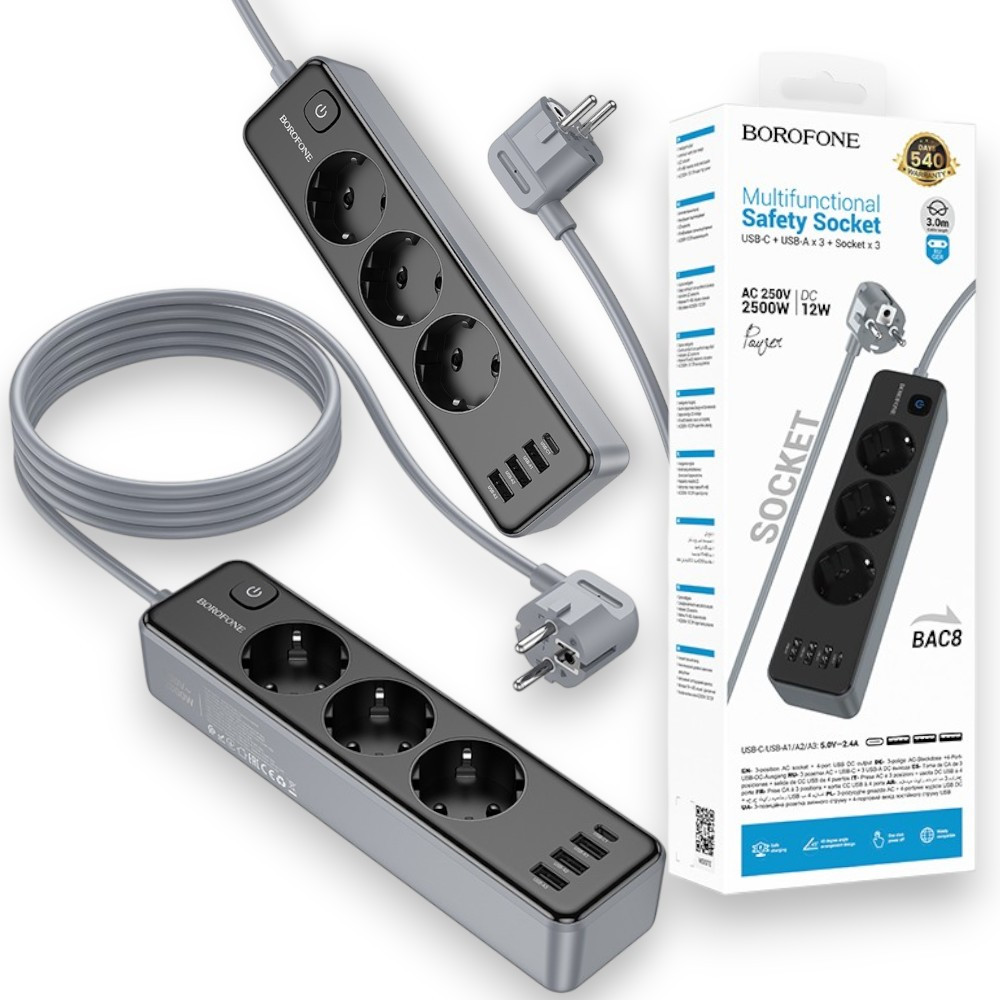 Мережевий подовжувач BOROFONE BAC8 Power 3-position socket, мережевий фільт 3м, EU+(1C3A), 2500W/USB 12W, чорний