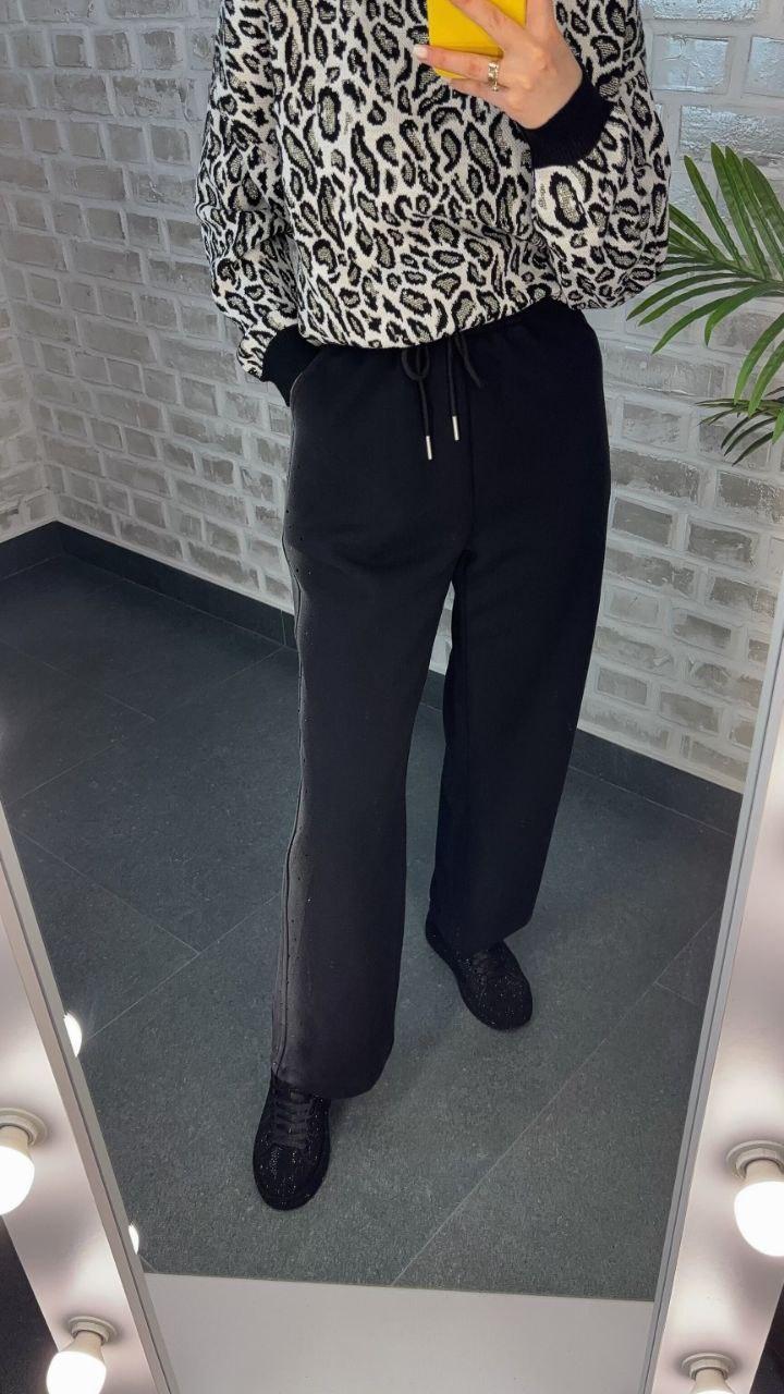 Жіночі штани зі стразами  для весни - Трикотаж модал, чорні, новинка