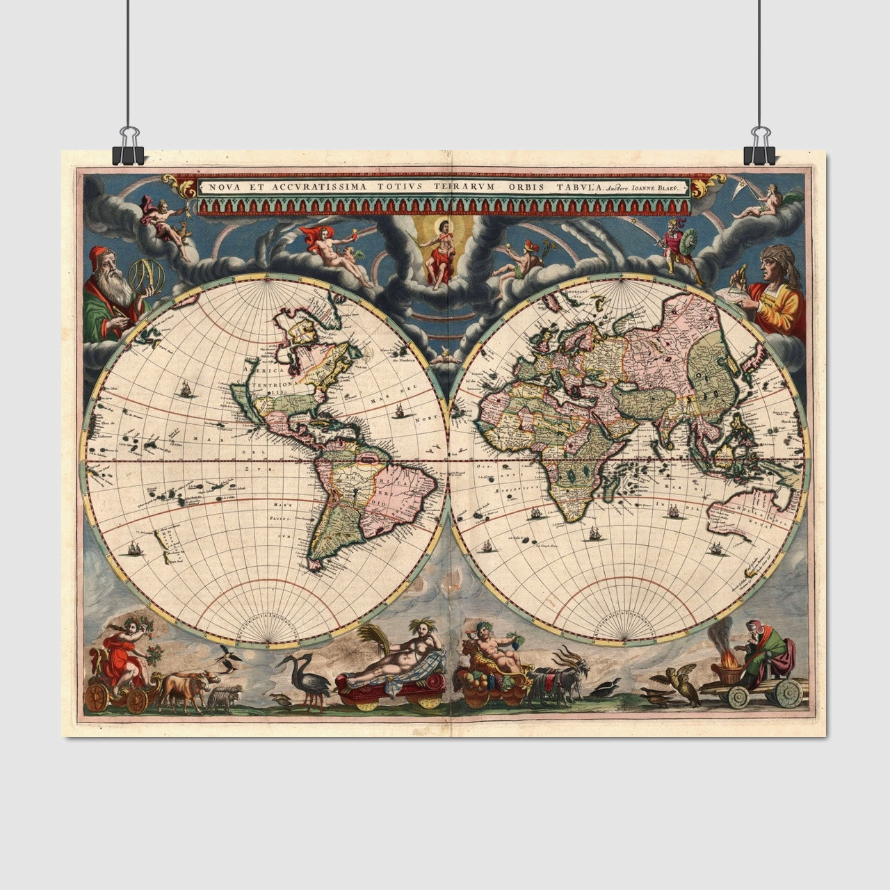 Плакат "Стародавня карта Землі, 1672р, латинь, Earth Ancient Map", 46×60см