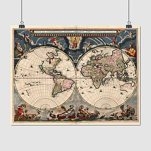 Плакат "Стародавня карта Землі, 1672р, латинь, Earth Ancient Map", 46×60см