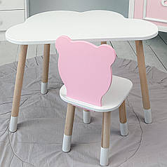 Дитячи набір столик та стільчик, стіл хмаринка білий 46х70х40 і стільчик ведмедик рожевий 26.5х26х25,