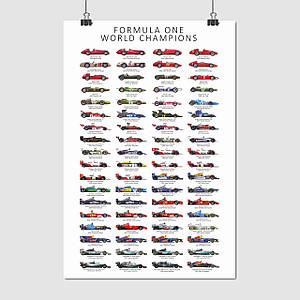 Плакат "Формула 1, світові чемпіони 1950-2021 років, Formula 1, F1", 60×40см
