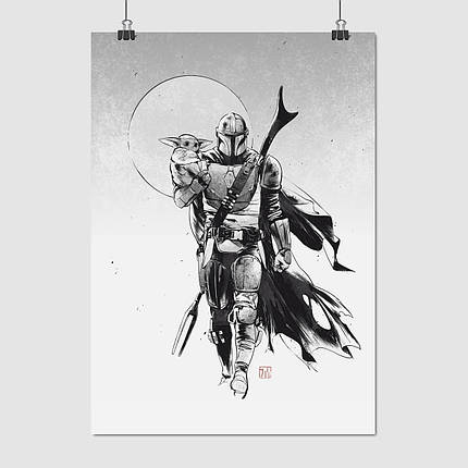 Плакат "Дін Джарін та Малюк Йода, Грогу, Мандалорець, Baby Yoda, Mandalorian", 60×43см, фото 1