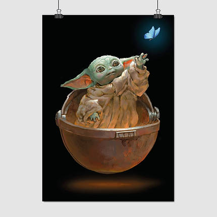Плакат "Малюк Йода та і метелик, Грогу, Мандалорець, Baby Yoda, Mandalorian", 60×43см, фото 1