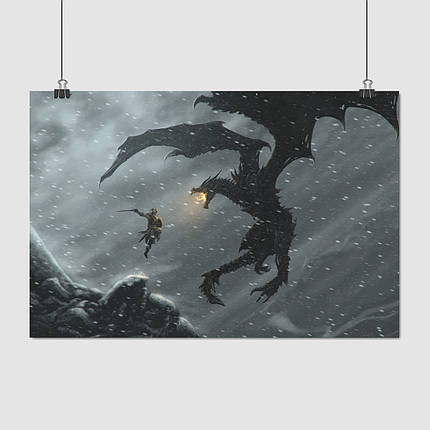 Плакат "Скайрім, Довакін атакує Алдуіна, Skyrim, The Elder Scrolls V, Alduin", 40×60см, фото 1