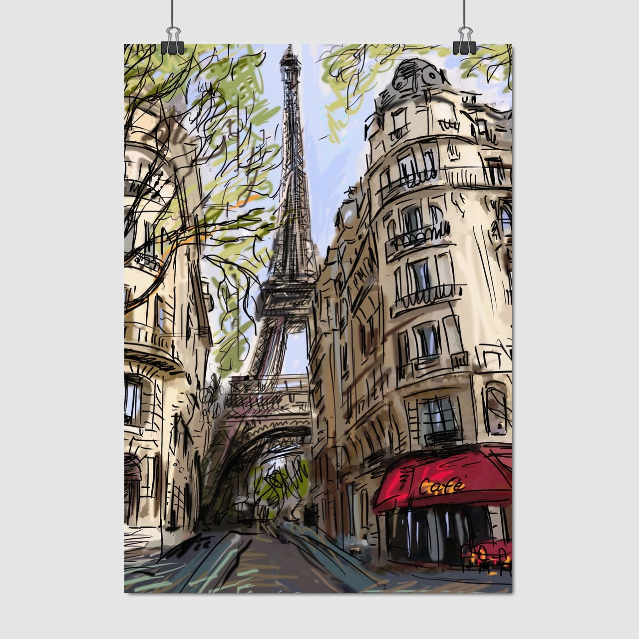 Плакат "Ейфелева Башта та паризька вулиця, Париж, Paris, France", 60×43см