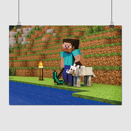 Плакат "Майнкрафт, Стів та вовк біля води, Minecraft", 43×60см, фото 1