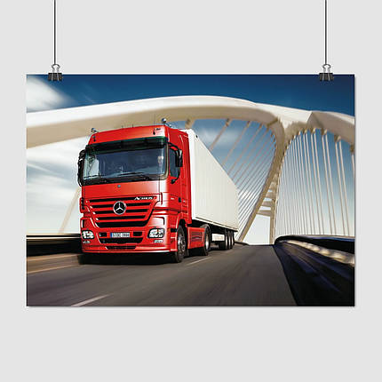 Плакат "Вантажівка Мерседес червона на мосту, Mercedes", 43×60см, фото 1