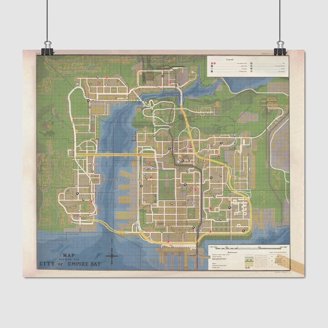 Плакат "Мафія 2, Карта міста Емпайр-Бей, Mafia Ⅱ, Empire Bay map", 48×60см
