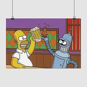 Плакат "Сімпсони, Гомер та Бендер, Футурама, Simpsons", 40×60см