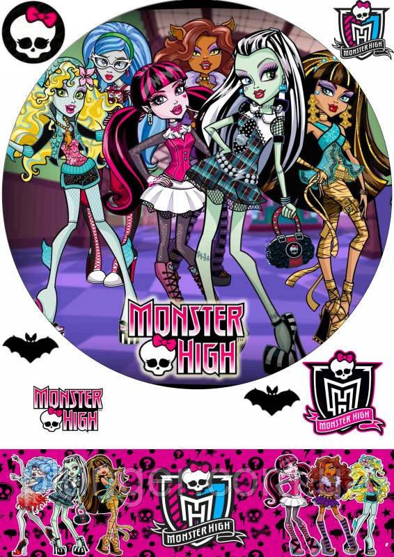 Вафельна картинка для торта "Монстер Хай", кругла, (лист А4, товщина 0,3 мм), фото 1