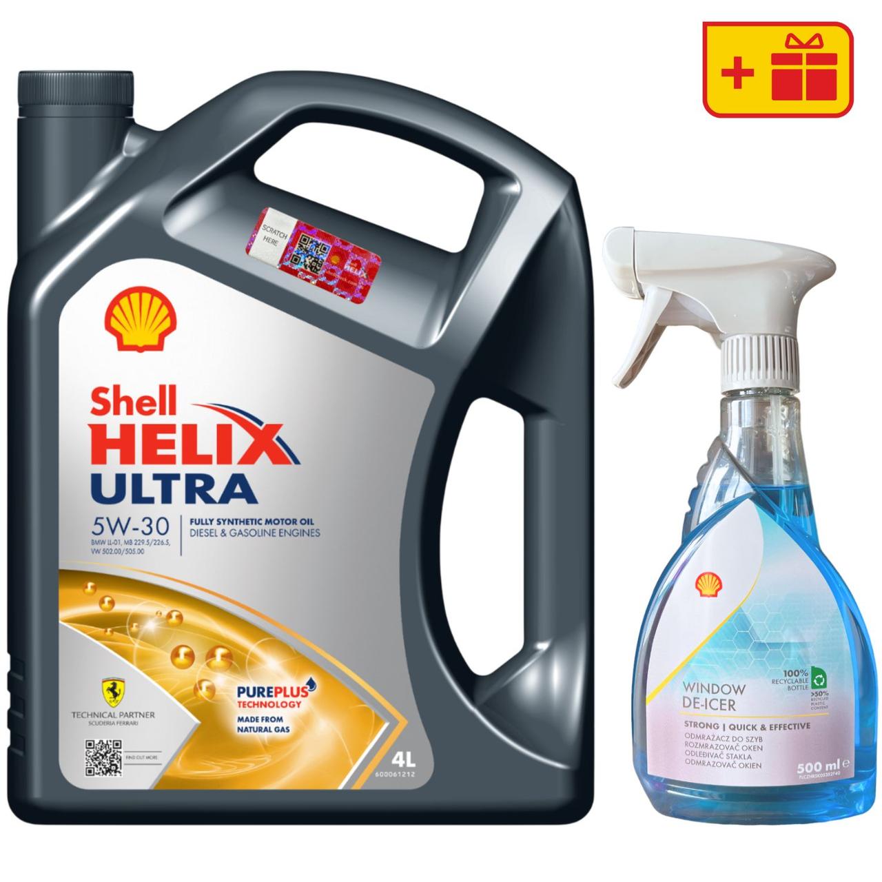 Моторна олива Shell Helix Ultra 5W-30, 4 л + Розморожувач скла Shell Window De-Icer 0.5 л, фото 1