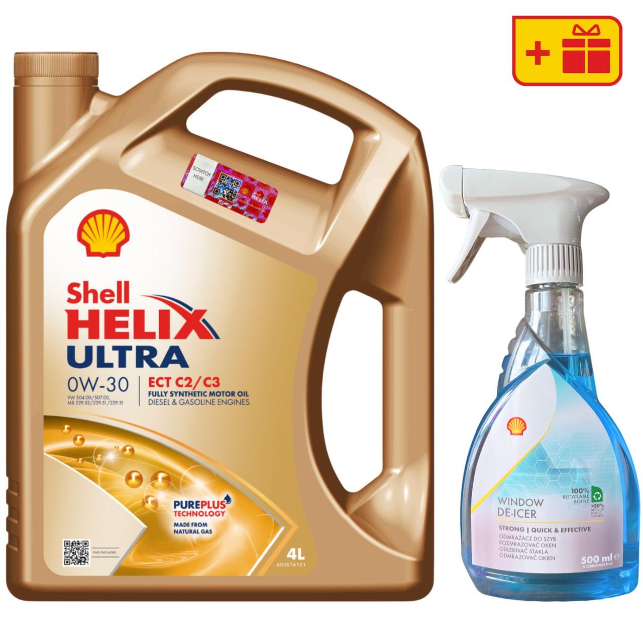 Моторна олива Shell Helix Ultra ECT C2/C3 0W-30, 4 л + Розморожувач скла Shell Window De-Icer 0.5 л, фото 1