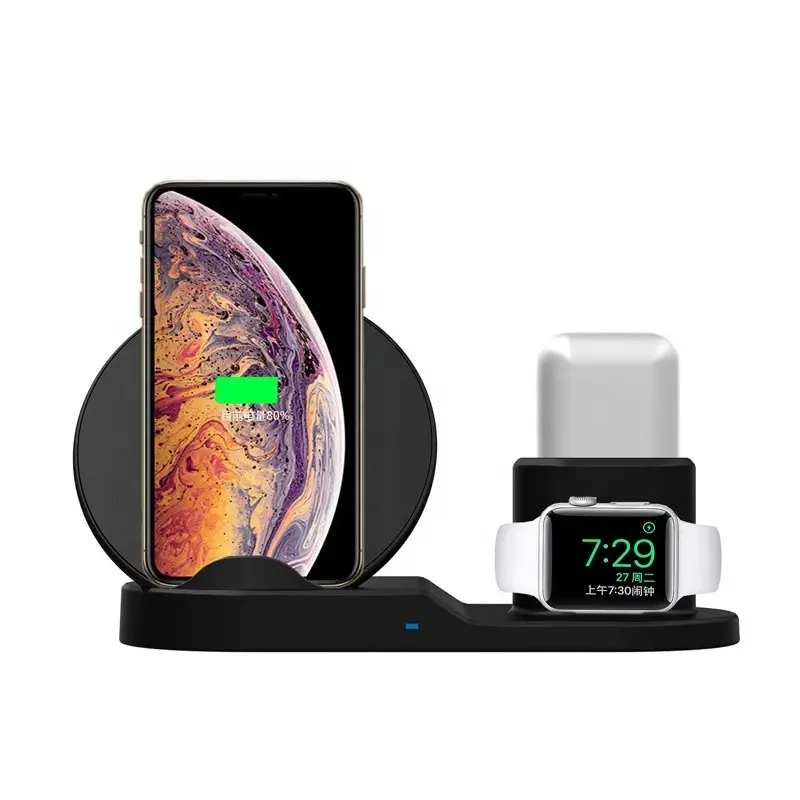 Швидка бездротова зарядка Qi Wireless Fast Charger 3 в 1 для телефону (док станція), чорна