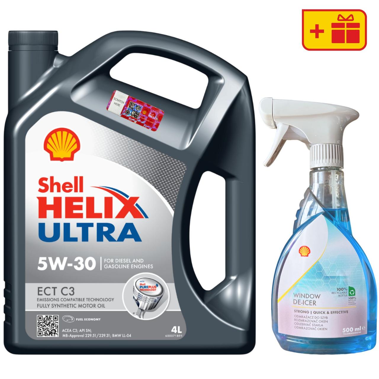 Моторна олива Shell Helix Ultra ECT C3 5W-30, 4 л + Розморожувач скла Shell Window De-Icer 0.5 л, фото 1
