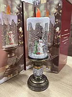 Сніговик новорічна LED свічка зі снігом, 25см, від батарейок та USB