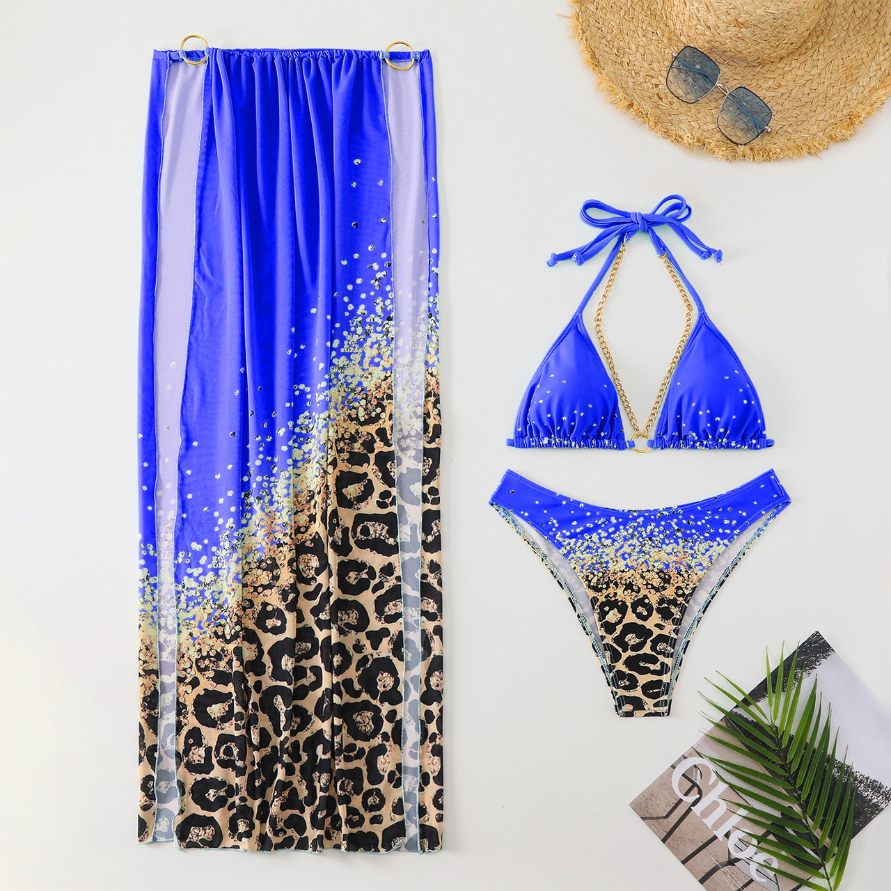 Купальник роздільний синій з принтом леопард М 44 + спідниця, фото 1